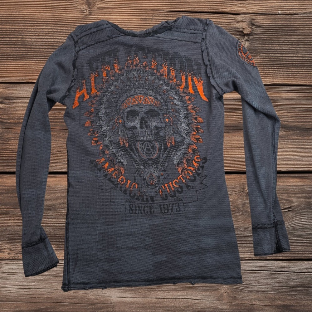 Affliction Reversible Thermal Shirt Men's Medium Black Gray Raw Edges Y2K MMA